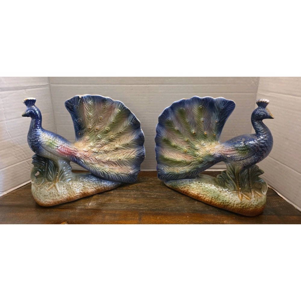 Vtg Lusterware Ceramic Peacock Figurine Pair Iridescent Fan Tail Made in China